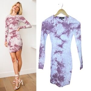 Lulus Lavender XS Tie-Dye Long Sleeve Bodycon Mini Dress Purple Ribbed White
